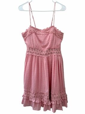 Bluivy Lace Trim Dress Womens Sz M Pink Thin Strap Swiss Dot Tiered Cottage Boho
